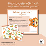 Jeu éducatif Minet gourmet avec images pour stimuler le langage et la prononciation chez les enfants de 3 à 8 ans.