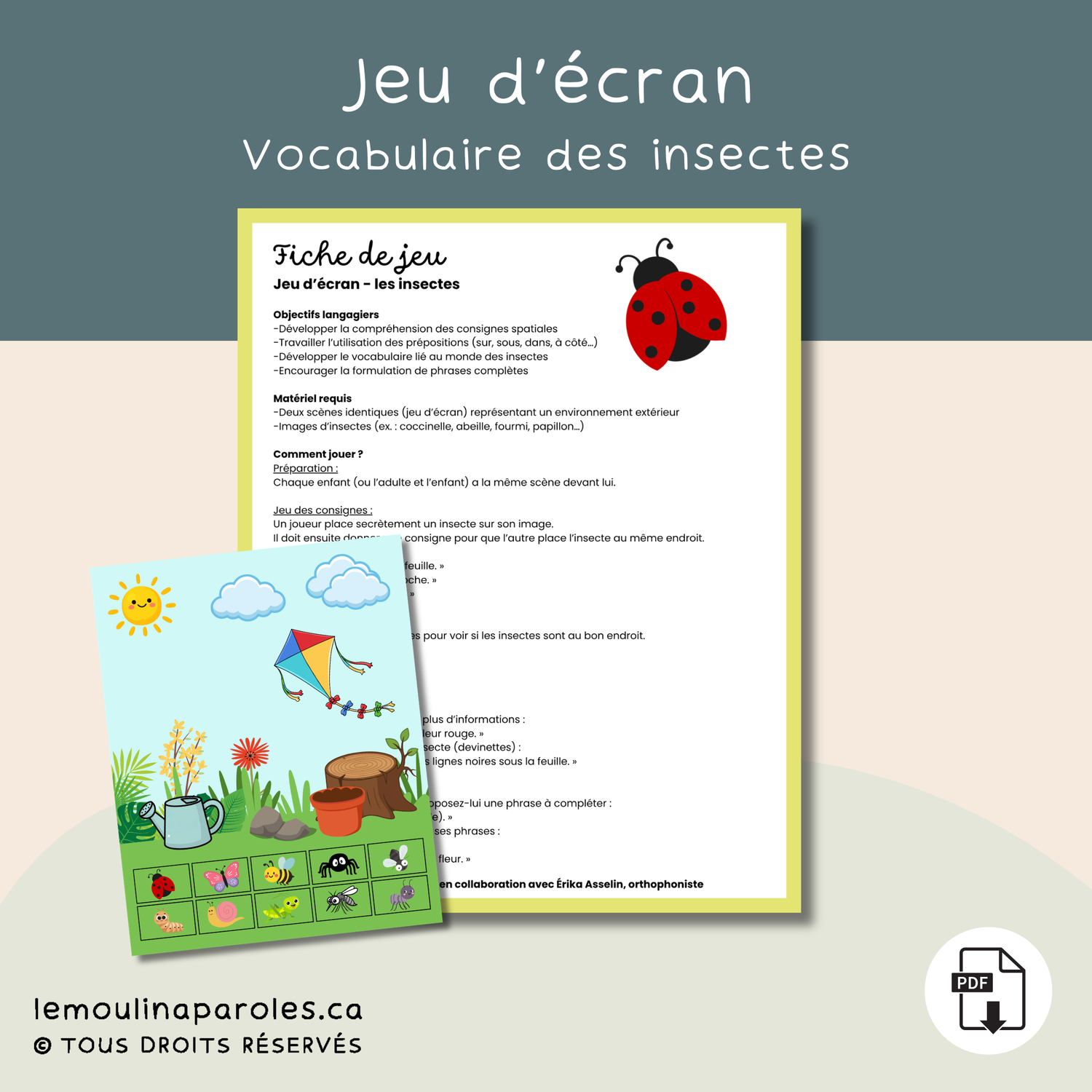 jeu écran insectes enfant prépositions langage activité éducative PDF orthophonie 3-6 ans
