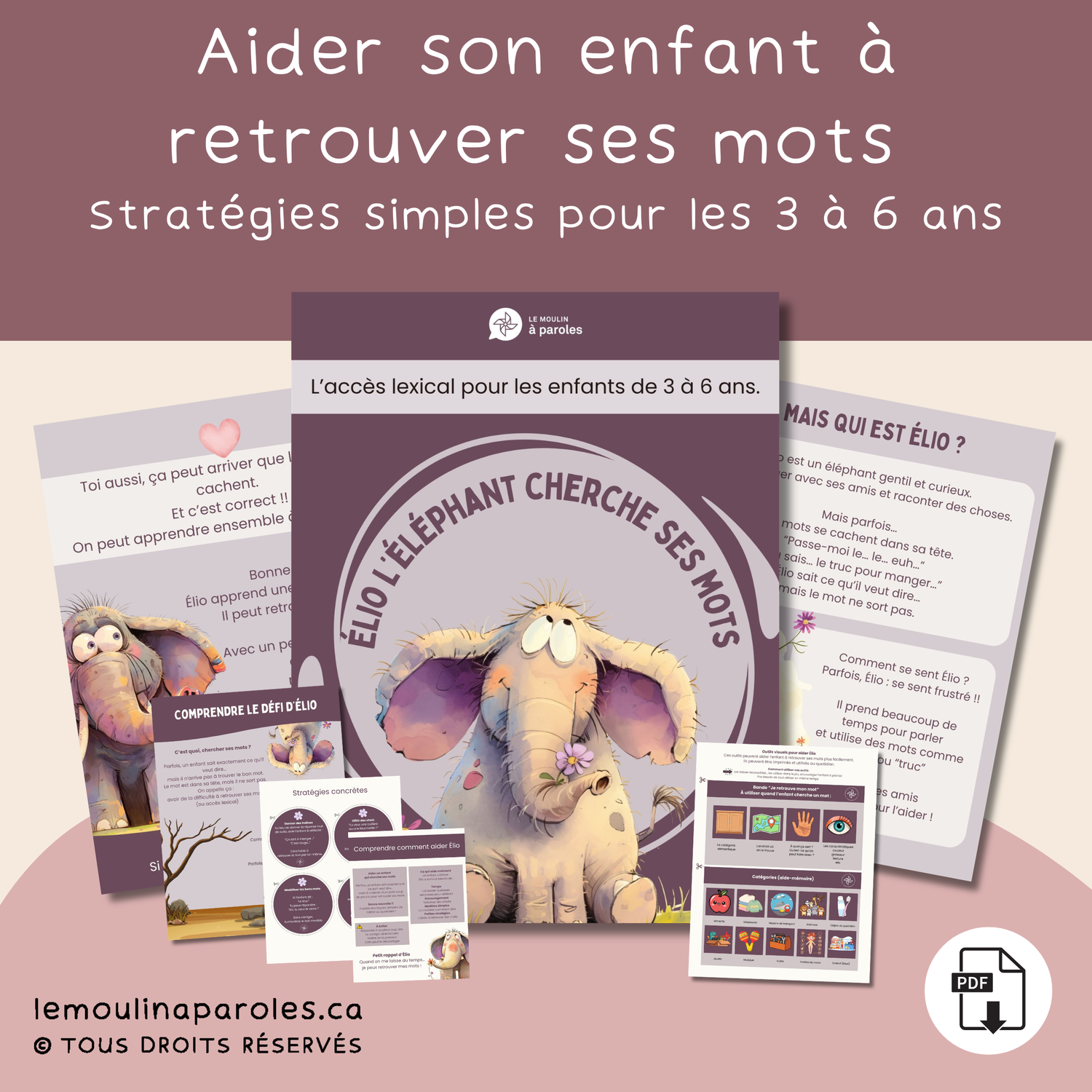 Cahier de stimulation du langage pour enfants 3 à 6 ans avec éléphant illustré – accès lexical
