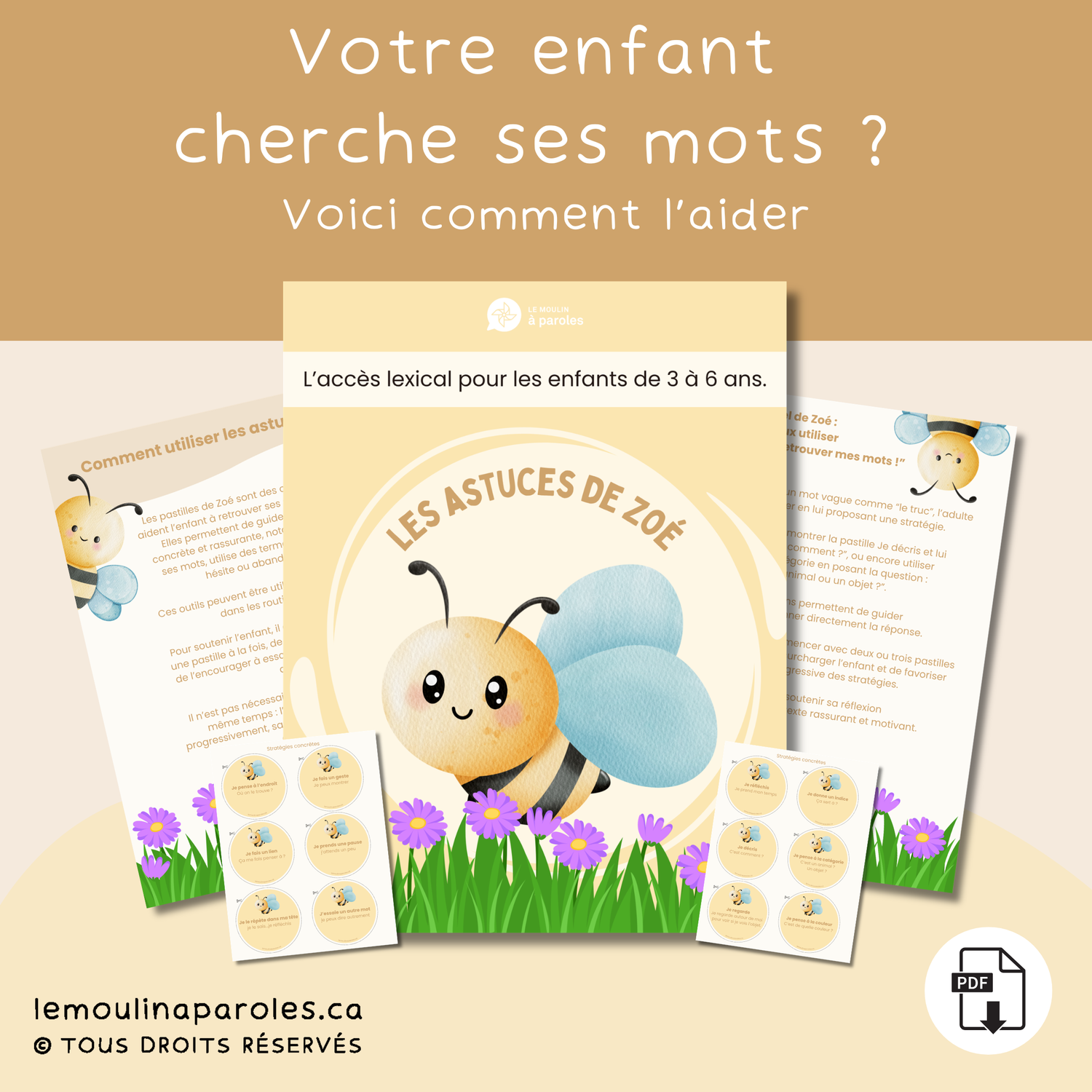 Couverture du PDF Les astuces de Zoé, un outil visuel pour soutenir l’accès lexical chez les enfants de 3 à 6 ans avec une abeille illustrée.