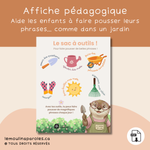 Affiche éducative langage enfant avec outils de jardin pour apprendre à faire des phrases