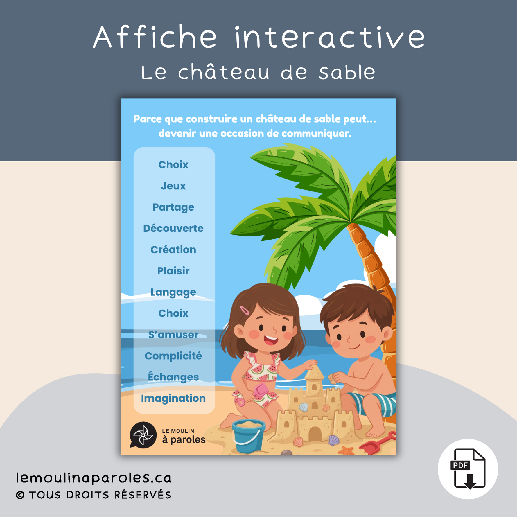 Affiche éducative sur les bienfaits du jeu et du langage avec enfants construisant un château de sable – Le Moulin à Paroles