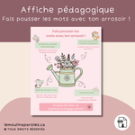 Affiche éducative pour enfants avec un arrosoir et des fleurs pour stimuler le langage et le vocabulaire au préscolaire