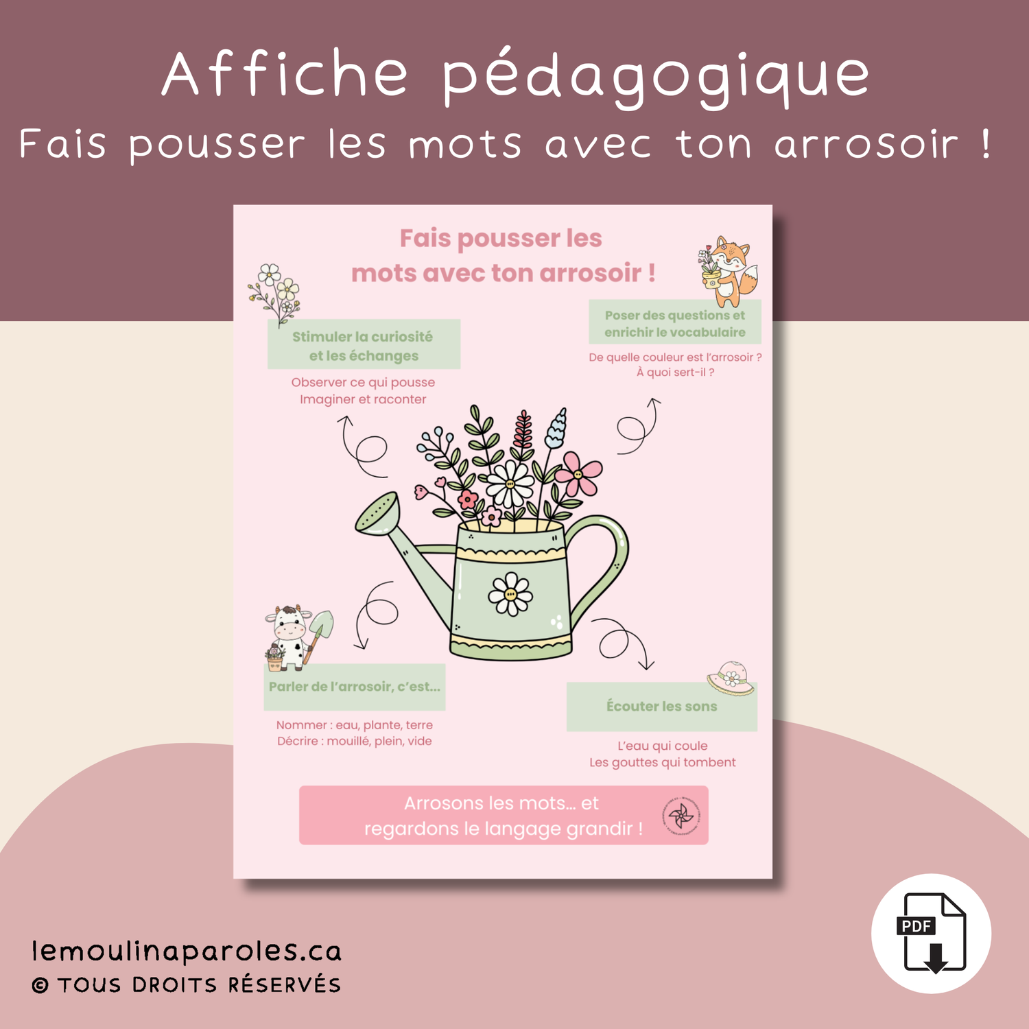 Affiche éducative pour enfants avec un arrosoir et des fleurs pour stimuler le langage et le vocabulaire au préscolaire