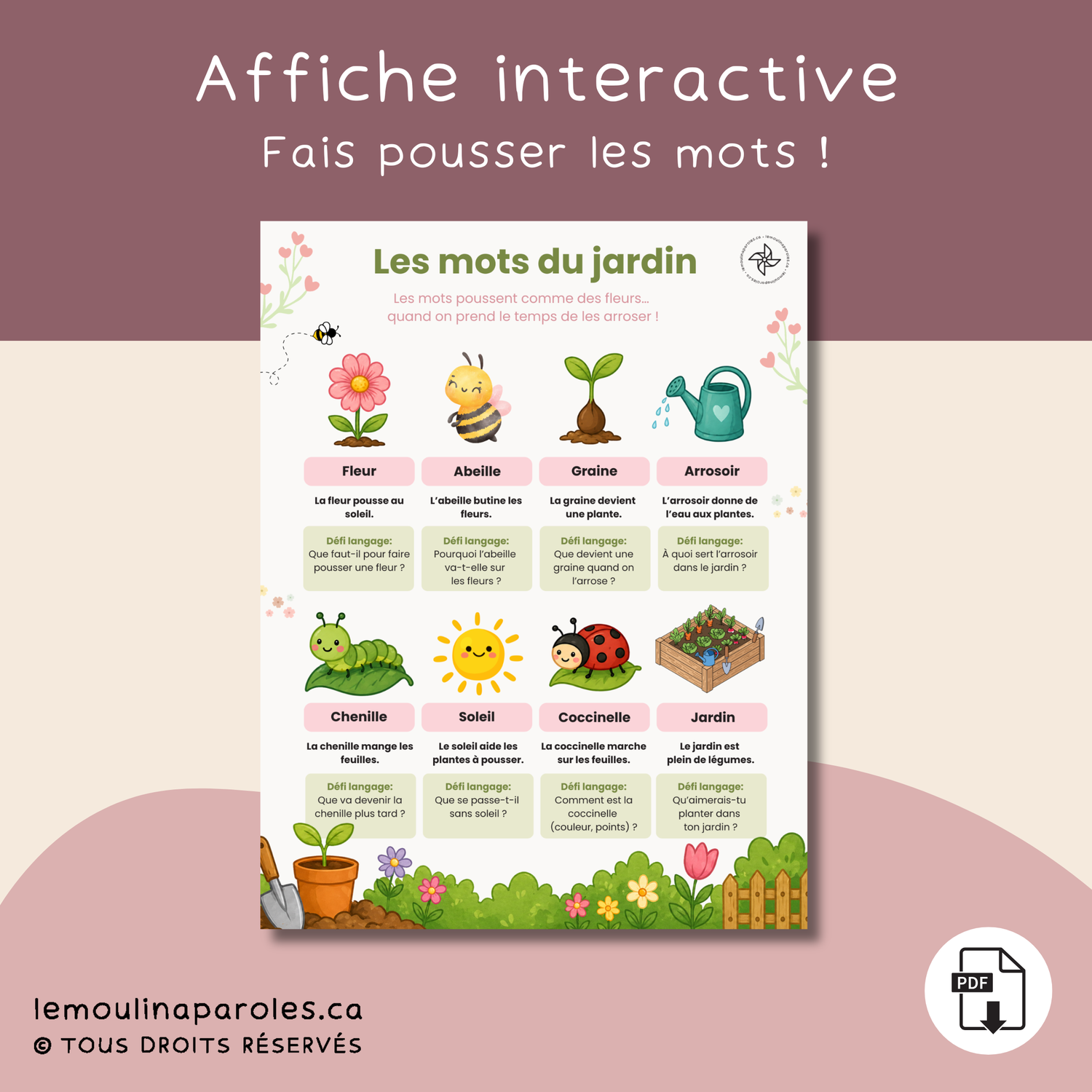 Affiche éducative Les mots du jardin pour enfants avec images de fleur, abeille, graine et activités de stimulation du langage