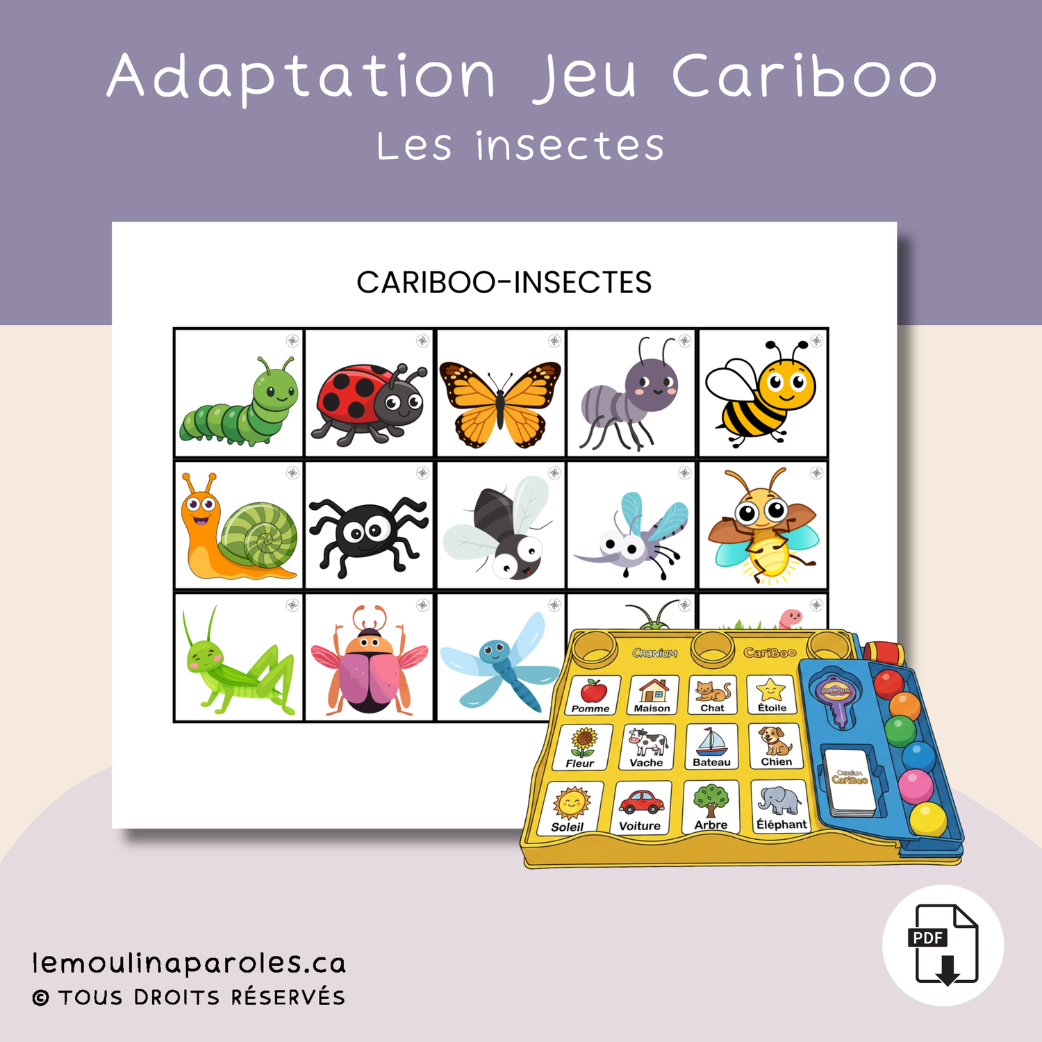 Jeu Cariboo insectes imprimable pour stimulation du langage au préscolaire.