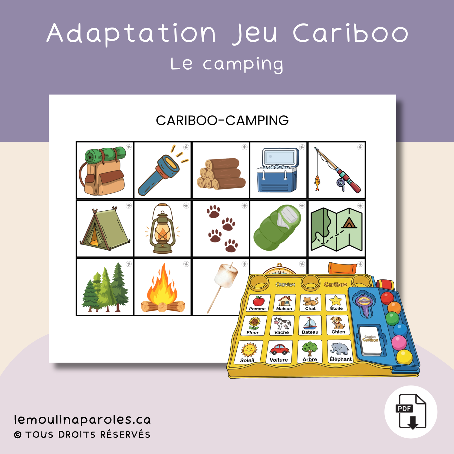 Jeu Cariboo camping imprimable pour stimulation du langage au préscolaire.