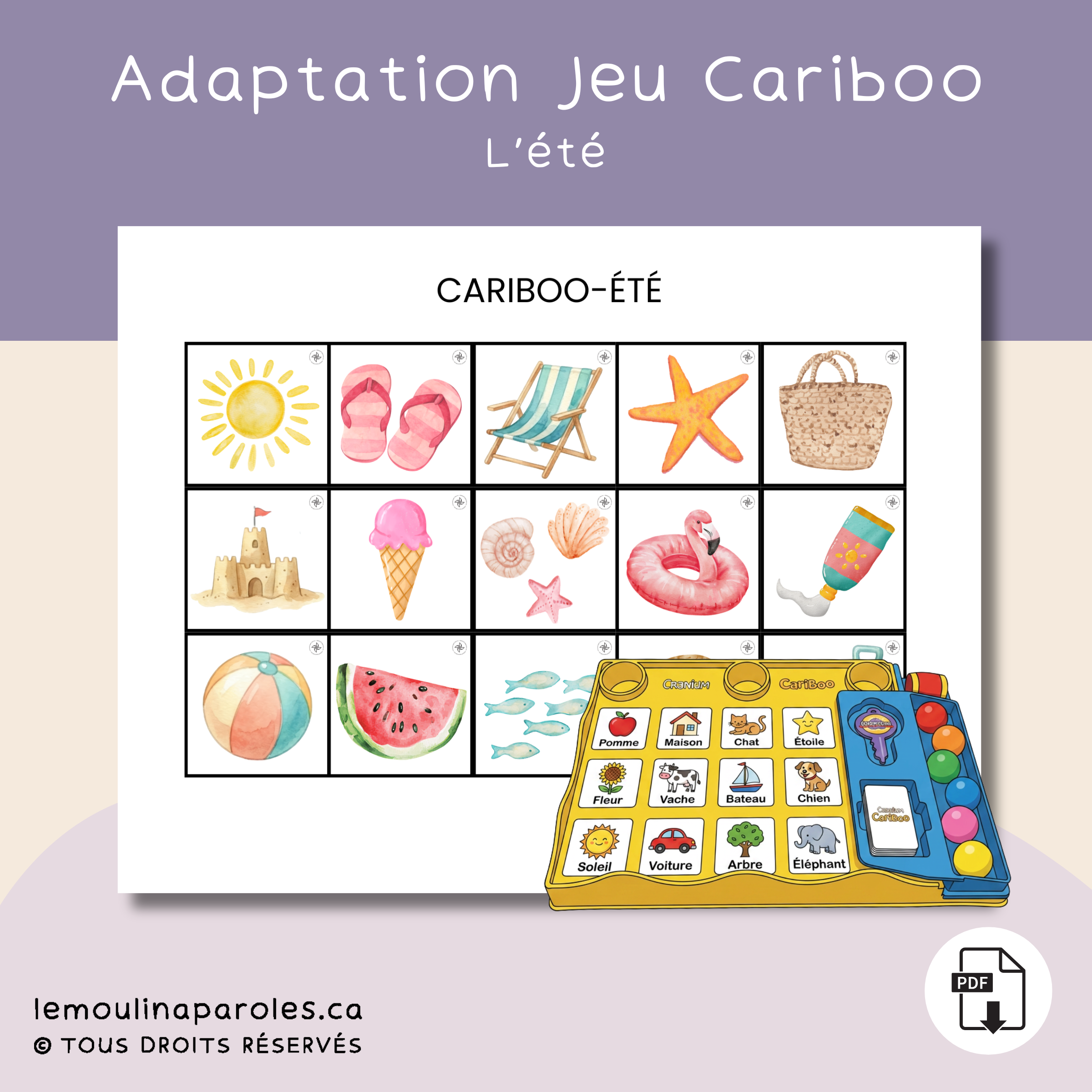 Jeu Cariboo été imprimable pour stimulation du langage au préscolaire.