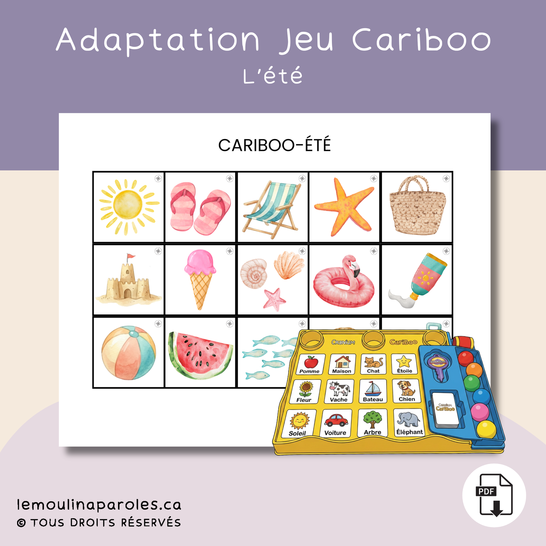 Jeu Cariboo été imprimable pour stimulation du langage au préscolaire.
