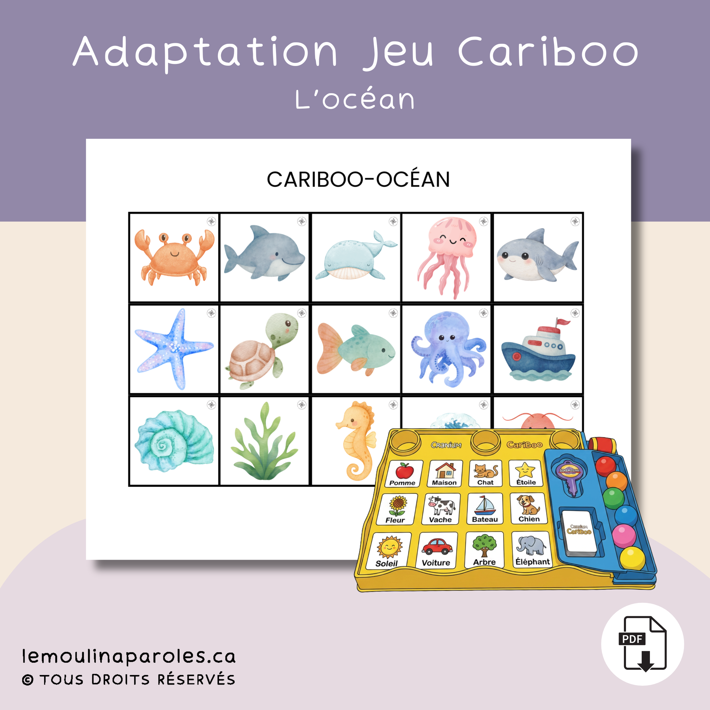 Jeu Cariboo océan imprimable pour stimulation du langage au préscolaire.