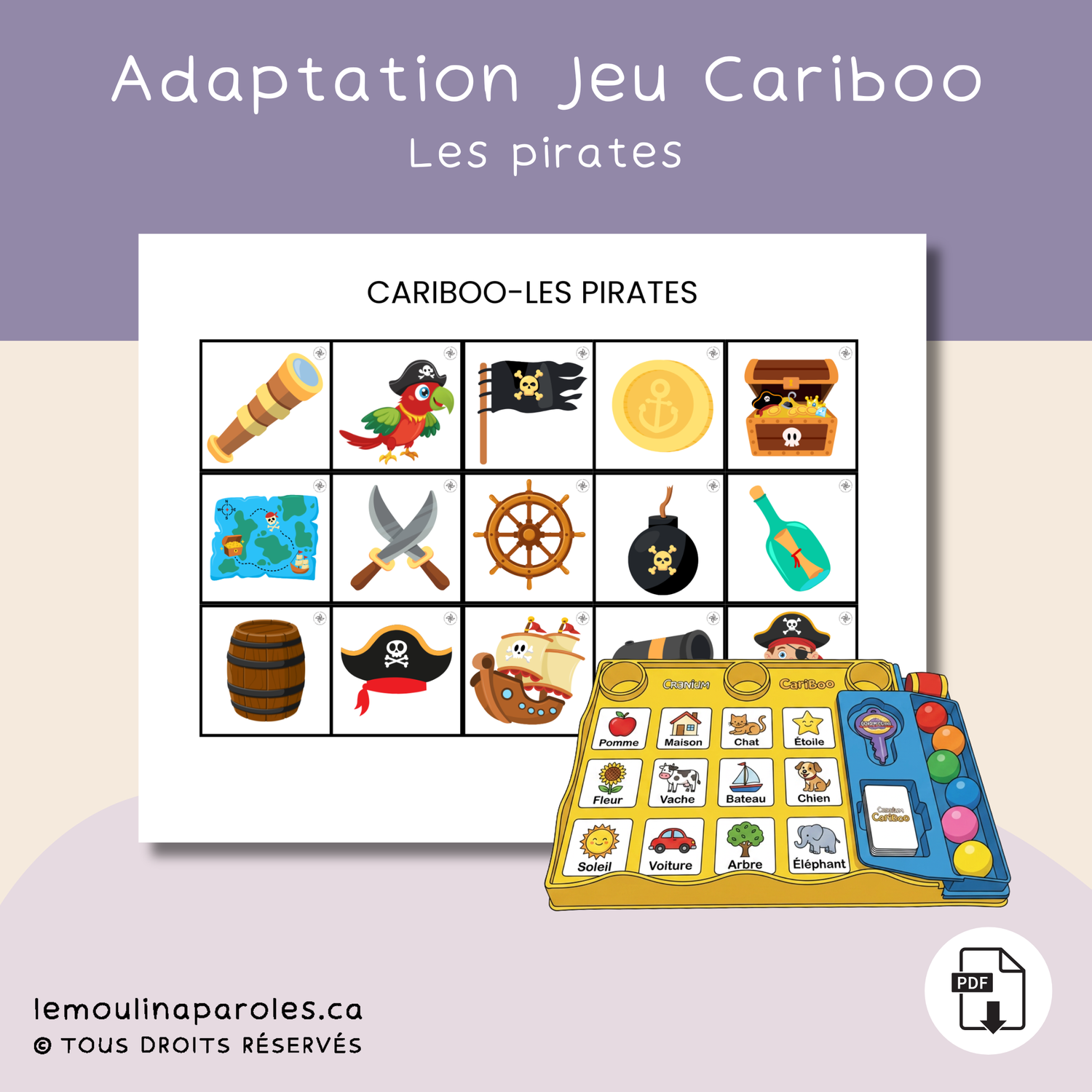 Jeu Cariboo pirates imprimable pour stimulation du langage au préscolaire.