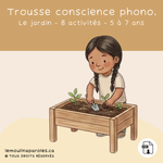 Trousse de conscience phonologique thème jardin pour enfants de 5 à 7 ans avec 8 jeux éducatifs sur les sons, syllabes et la prélecture.