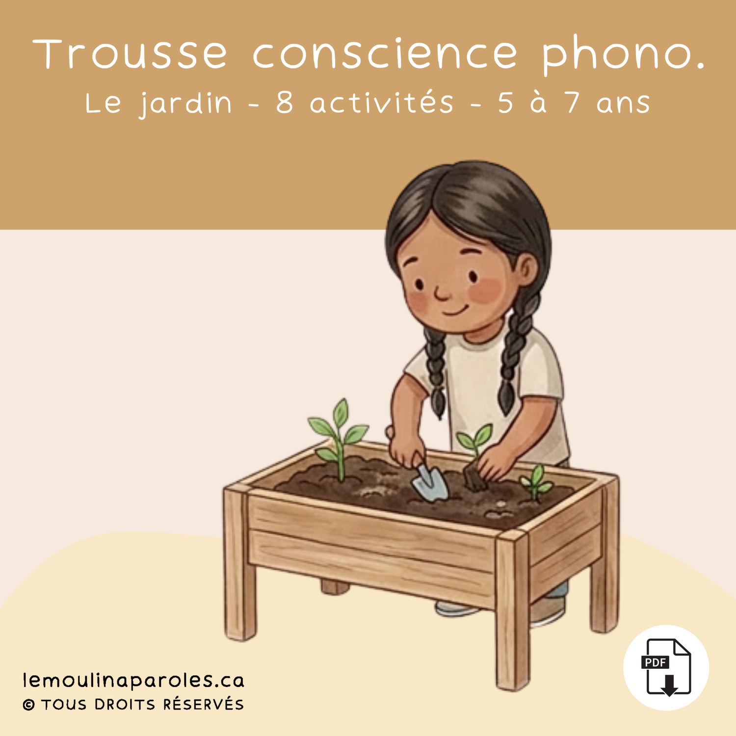 Trousse de conscience phonologique thème jardin pour enfants de 5 à 7 ans avec 8 jeux éducatifs sur les sons, syllabes et la prélecture.