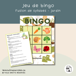 Jeu de bingo imprimable sur la fusion de syllabes thème jardin pour enfants de 5 à 7 ans.