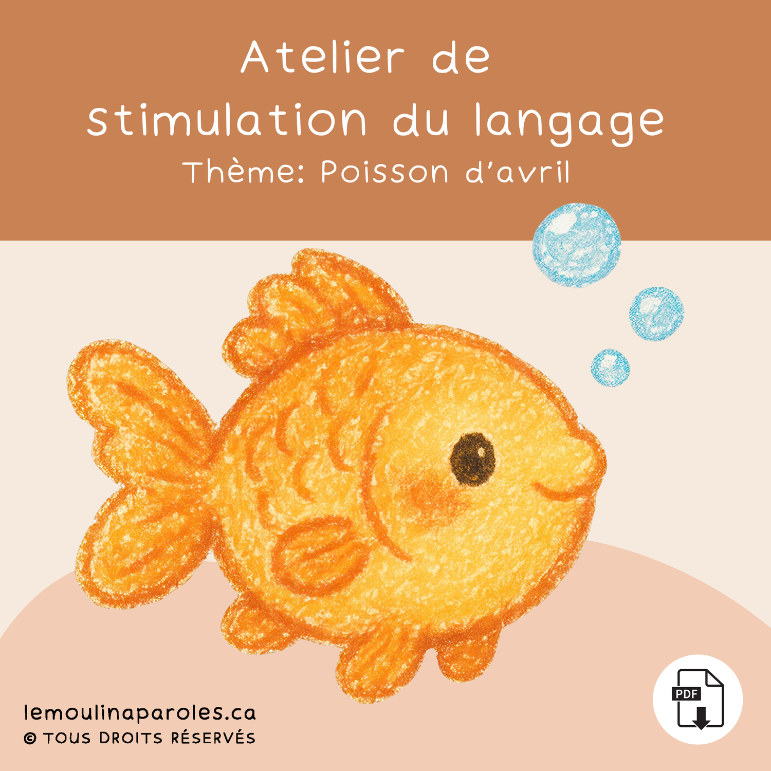 Bundle d’activités de stimulation du langage sur le thème du poisson d’avril pour enfants du préscolaire et du premier cycle avec pêche aux mots de 3 syllabes, cartes à pince sur les quantités et défis de description de poissons. 🐟✨