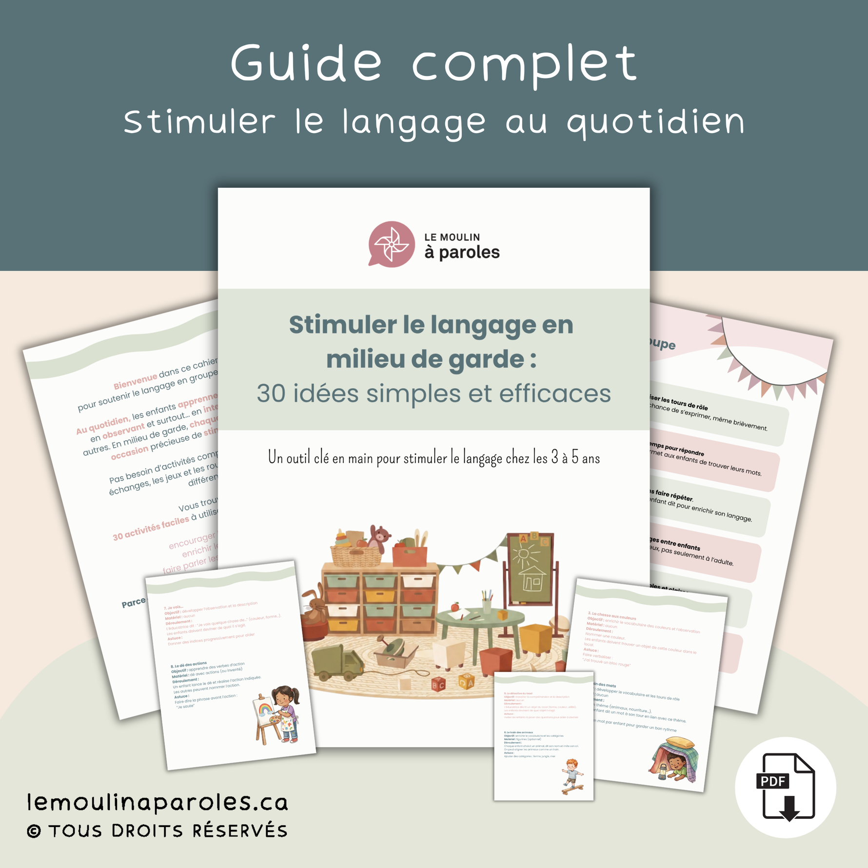 Guide PDF de stimulation du langage en milieu de garde avec 30 activités simples pour enfants de 3 à 5 ans destiné aux éducatrices en CPE et garderie.