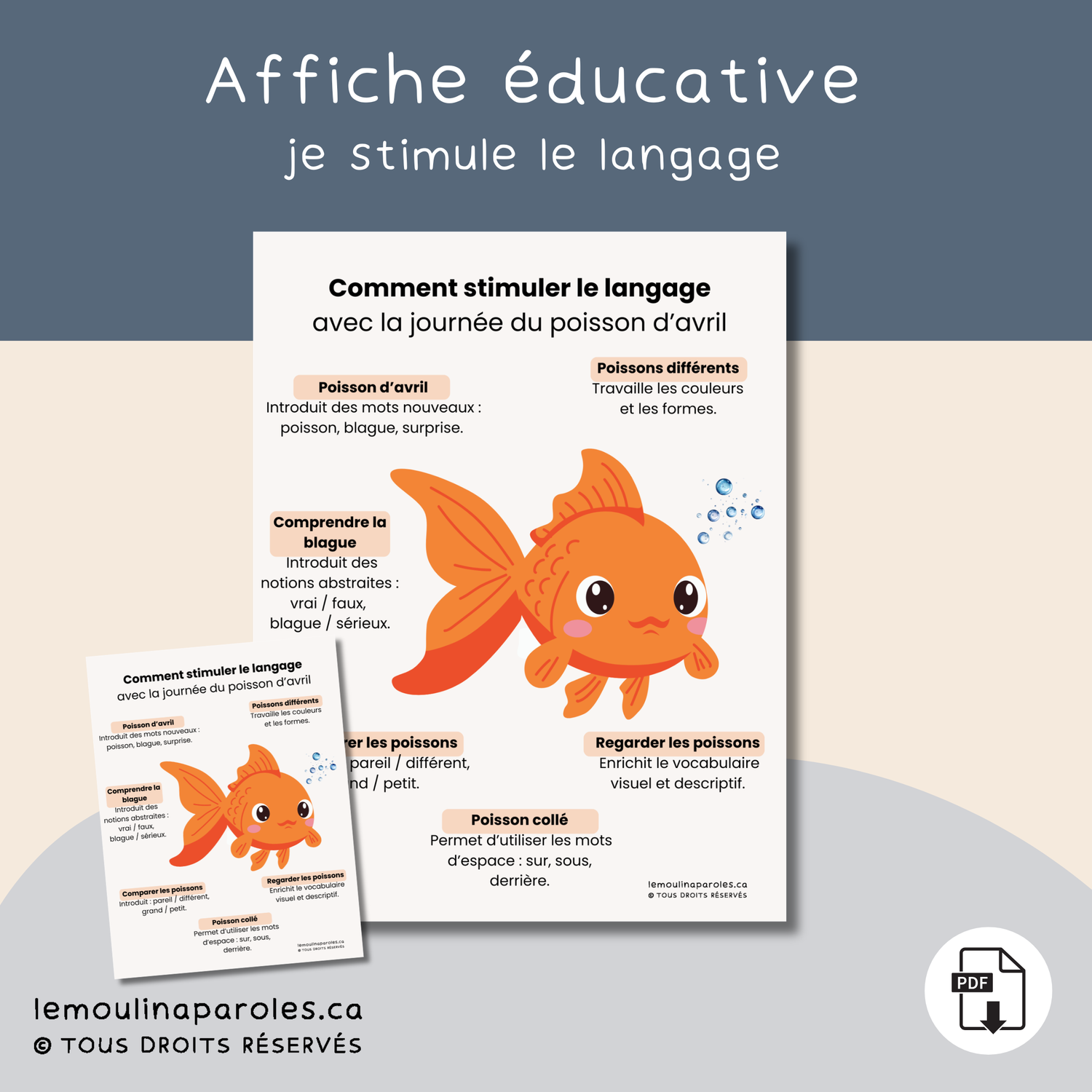 Affiche éducative pour stimuler le langage chez les enfants avec des activités sur le thème du poisson d’avril et un poisson orange illustré.