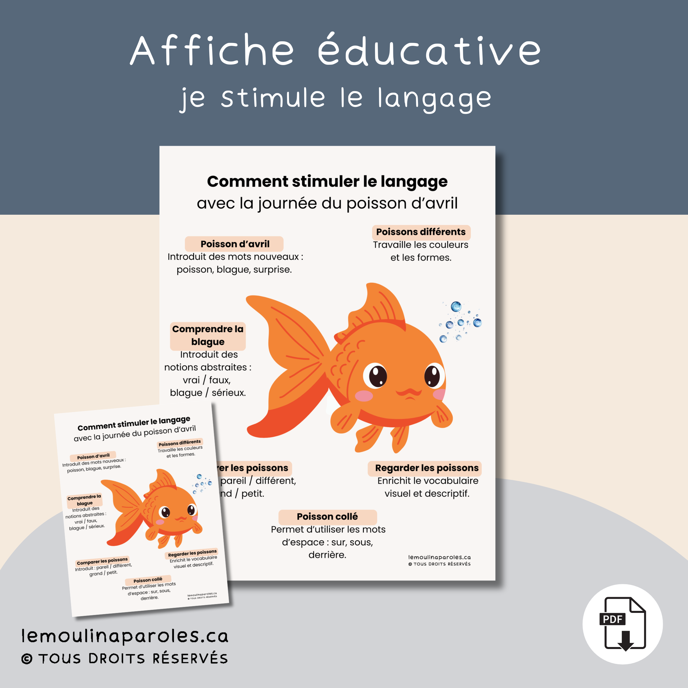 Affiche éducative pour stimuler le langage chez les enfants avec des activités sur le thème du poisson d’avril et un poisson orange illustré.