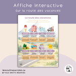 Affiche interactive PDF « Sur la route des vacances » avec défis de stimulation du langage pour enfants de 3 à 6 ans.