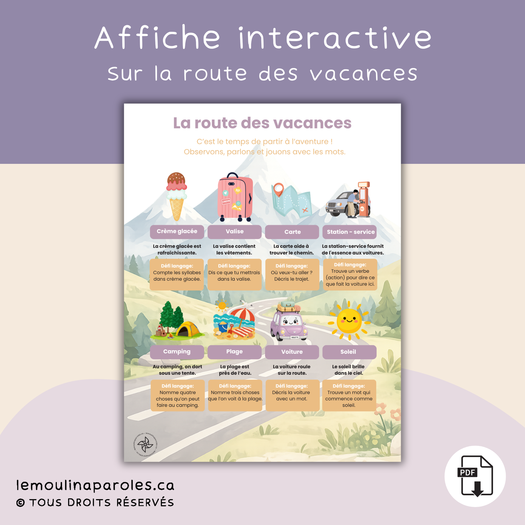 Affiche interactive PDF « Sur la route des vacances » avec défis de stimulation du langage pour enfants de 3 à 6 ans.