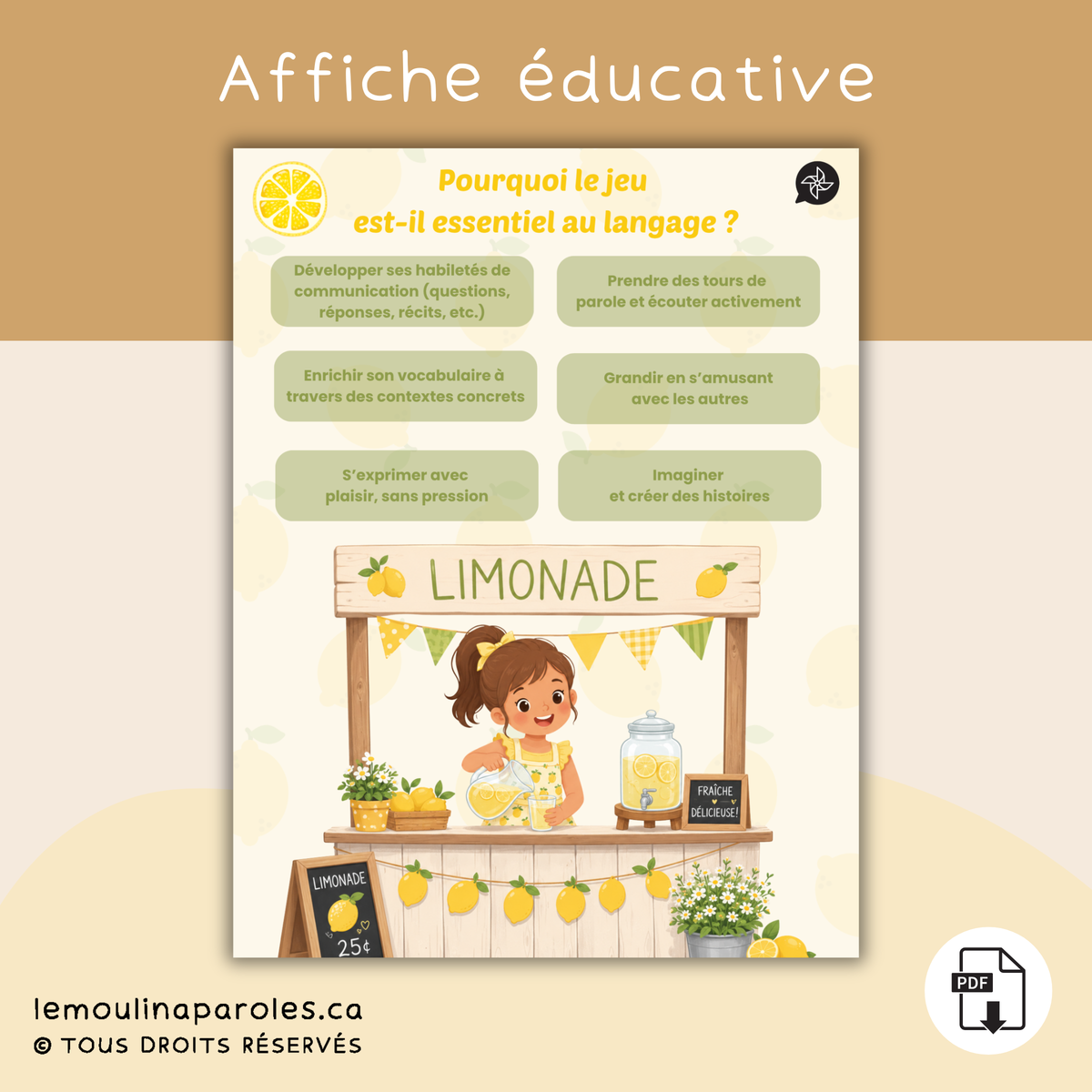 Affiche éducative « Pourquoi le jeu est-il essentiel au langage ? » à imprimer en PDF présentant les bienfaits du jeu sur le développement du langage chez les enfants.