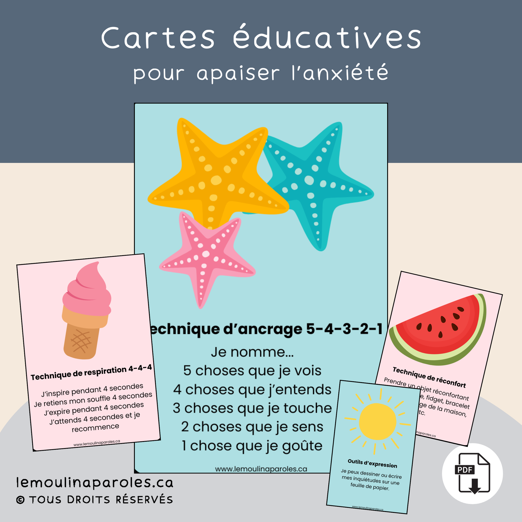 Cartes d'apaisement pour enfants sur le thème de l'été proposant des exercices de respiration, de relaxation et de retour au calme pour favoriser la gestion des émotions.