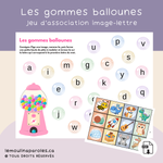 Jeu éducatif imprimable Les gommes ballounes pour associer 26 images aux lettres minuscules avec de la pâte à modeler