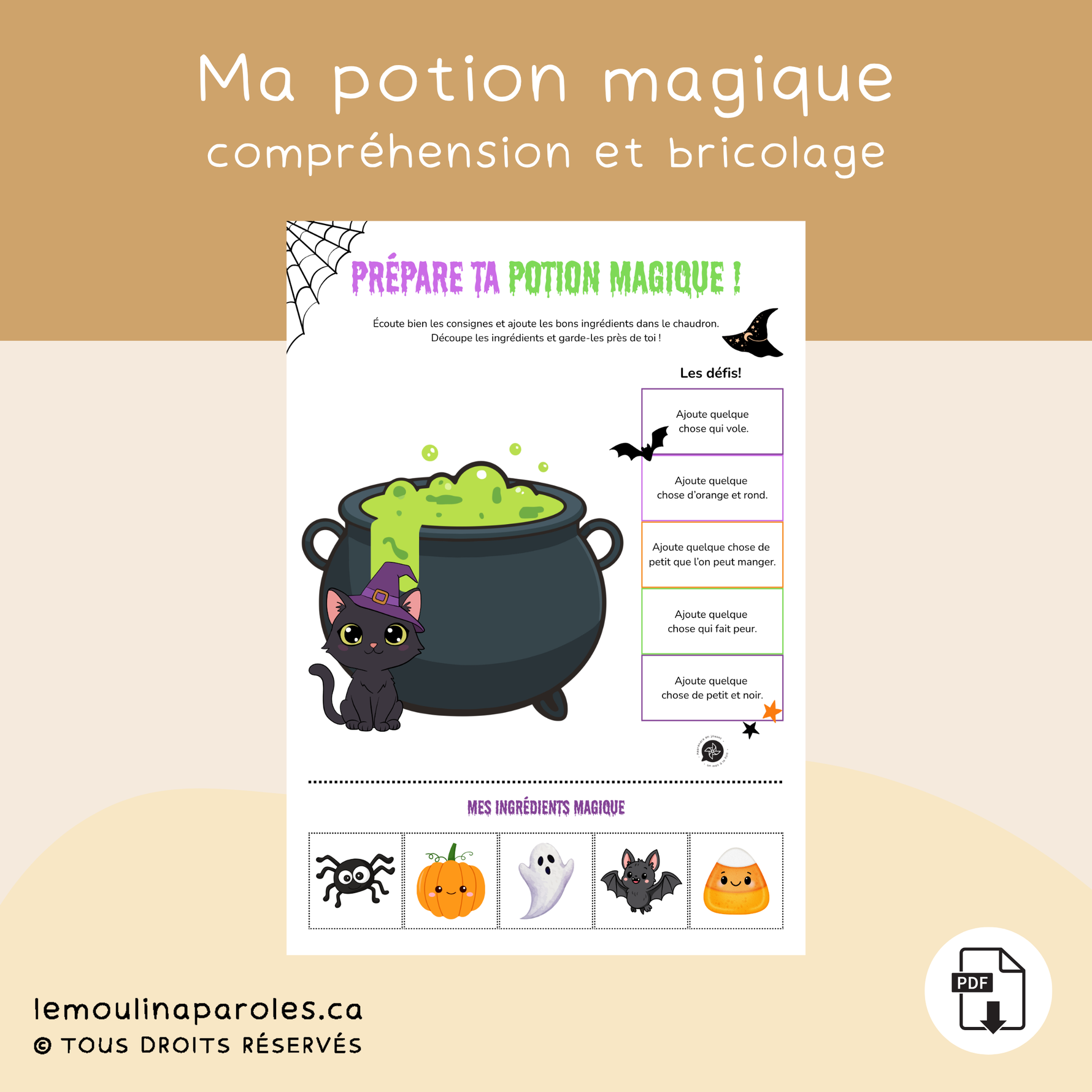 Activité Prépare ta potion magique pour travailler la compréhension des consignes et le vocabulaire d’Halloween chez les enfants de 3 à 5 ans.
