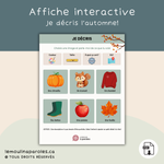 Affiche éducative Je décris sur le thème de l’automne pour stimuler le langage et la description chez les enfants de 3 à 5 ans.
