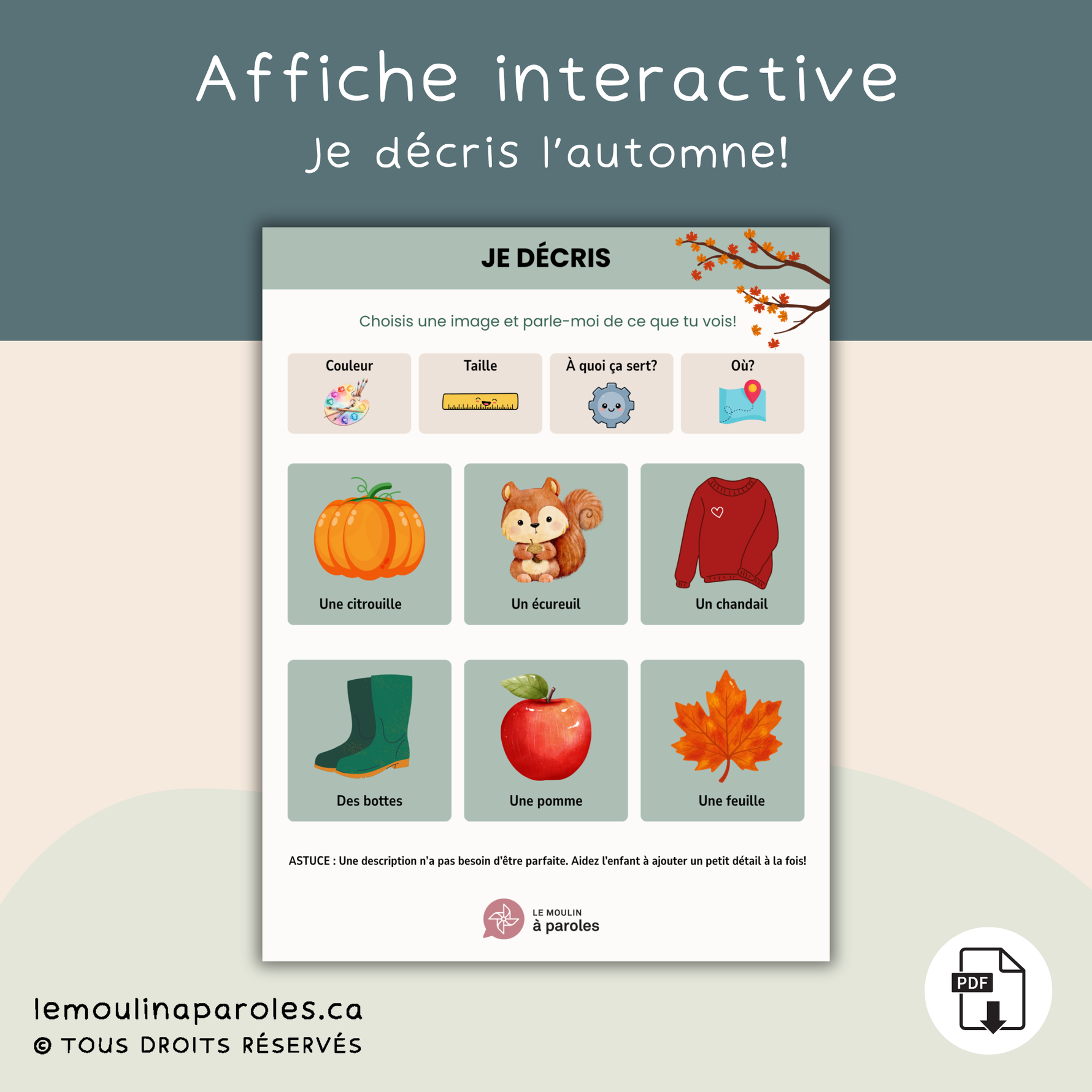 Affiche éducative Je décris sur le thème de l’automne pour stimuler le langage et la description chez les enfants de 3 à 5 ans.