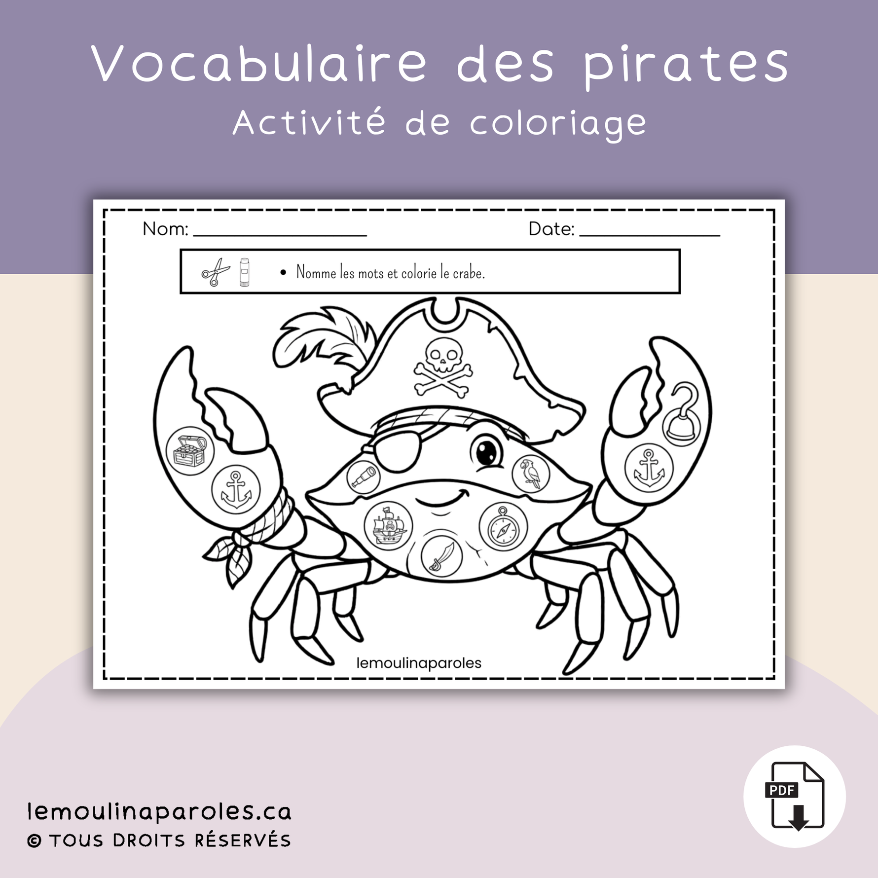 Coloriage éducatif de crabe pirate pour stimuler le langage et le vocabulaire des enfants – Le Moulin à Paroles