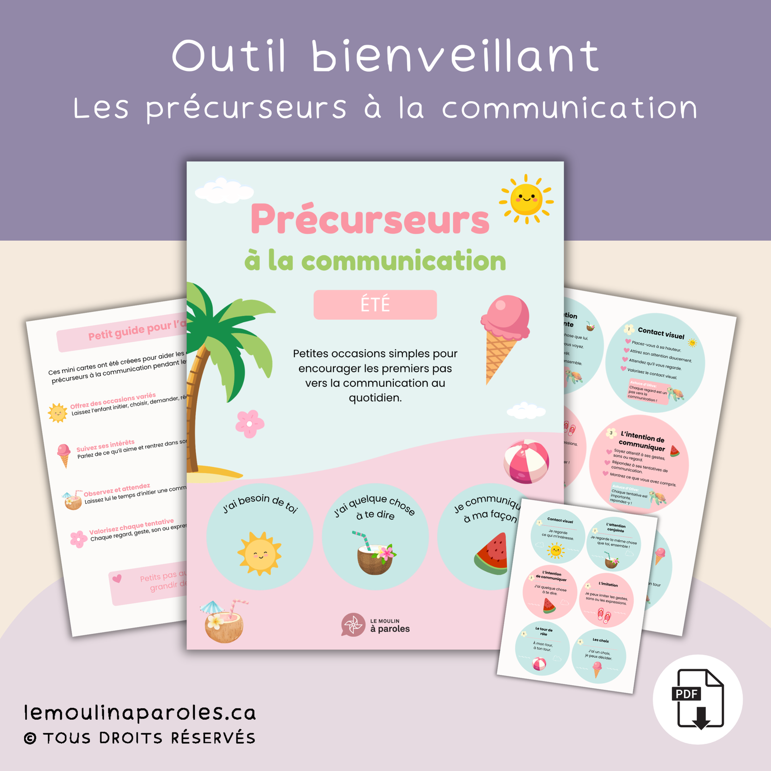 Cartes éducatives estivales sur les précurseurs à la communication pour enfants d’âge préscolaire – stimulation du langage par Le Moulin à Paroles