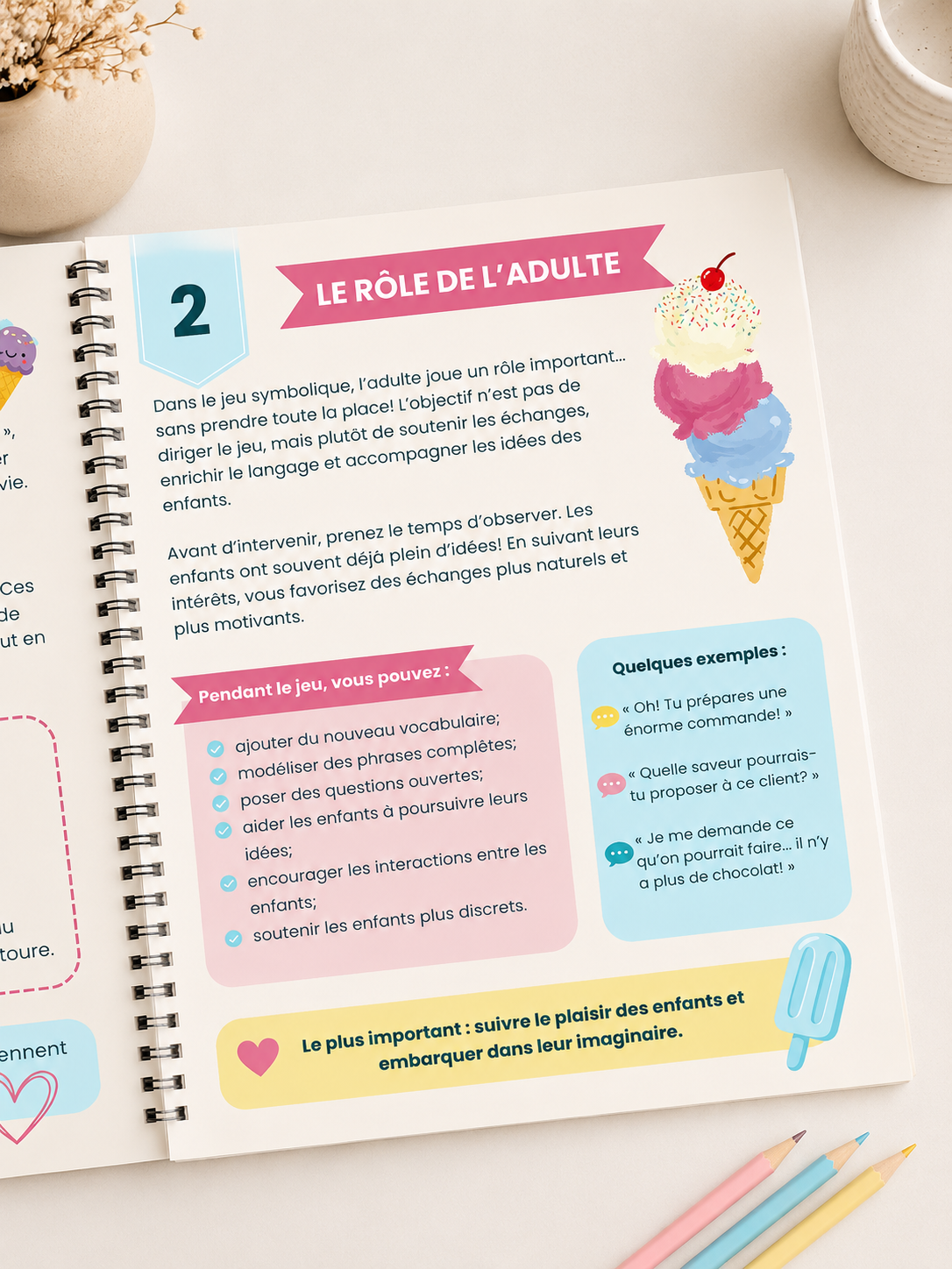Trousse de jeu symbolique Crème glacée pour stimuler le langage, comprenant menus, commandes, recettes, vocabulaire illustré et matériel imprimable pour enfants d'âge préscolaire et primaire.