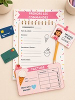 Trousse de jeu symbolique Crème glacée pour stimuler le langage, comprenant menus, commandes, recettes, vocabulaire illustré et matériel imprimable pour enfants d'âge préscolaire et primaire.