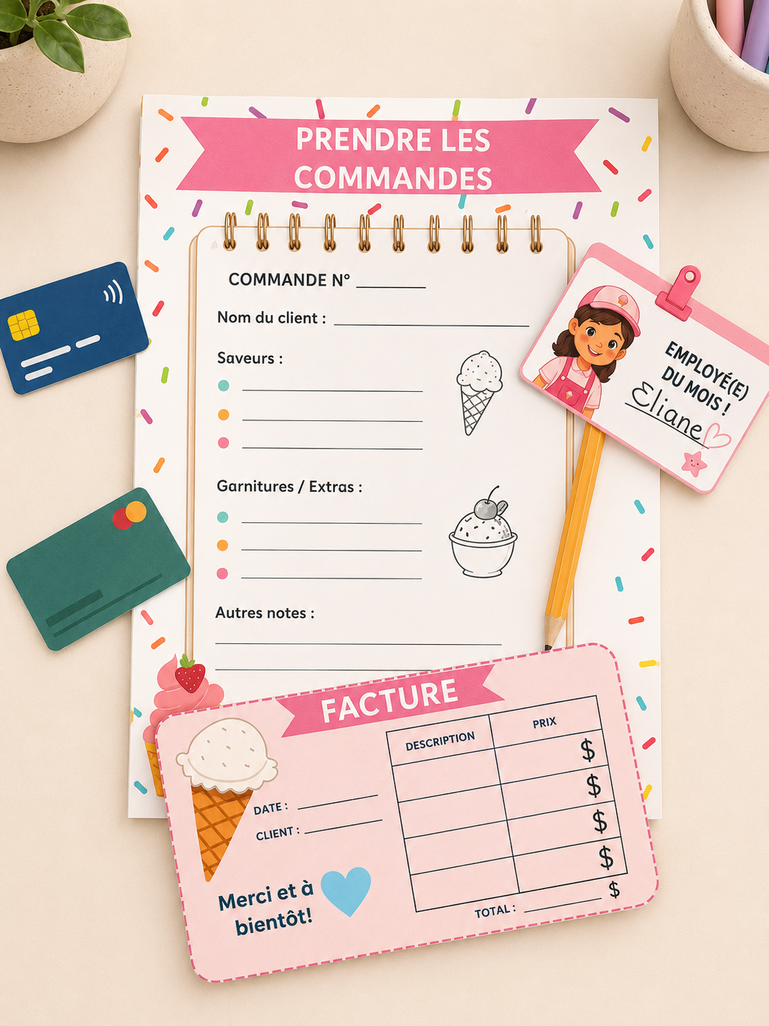 Trousse de jeu symbolique Crème glacée pour stimuler le langage, comprenant menus, commandes, recettes, vocabulaire illustré et matériel imprimable pour enfants d'âge préscolaire et primaire.
