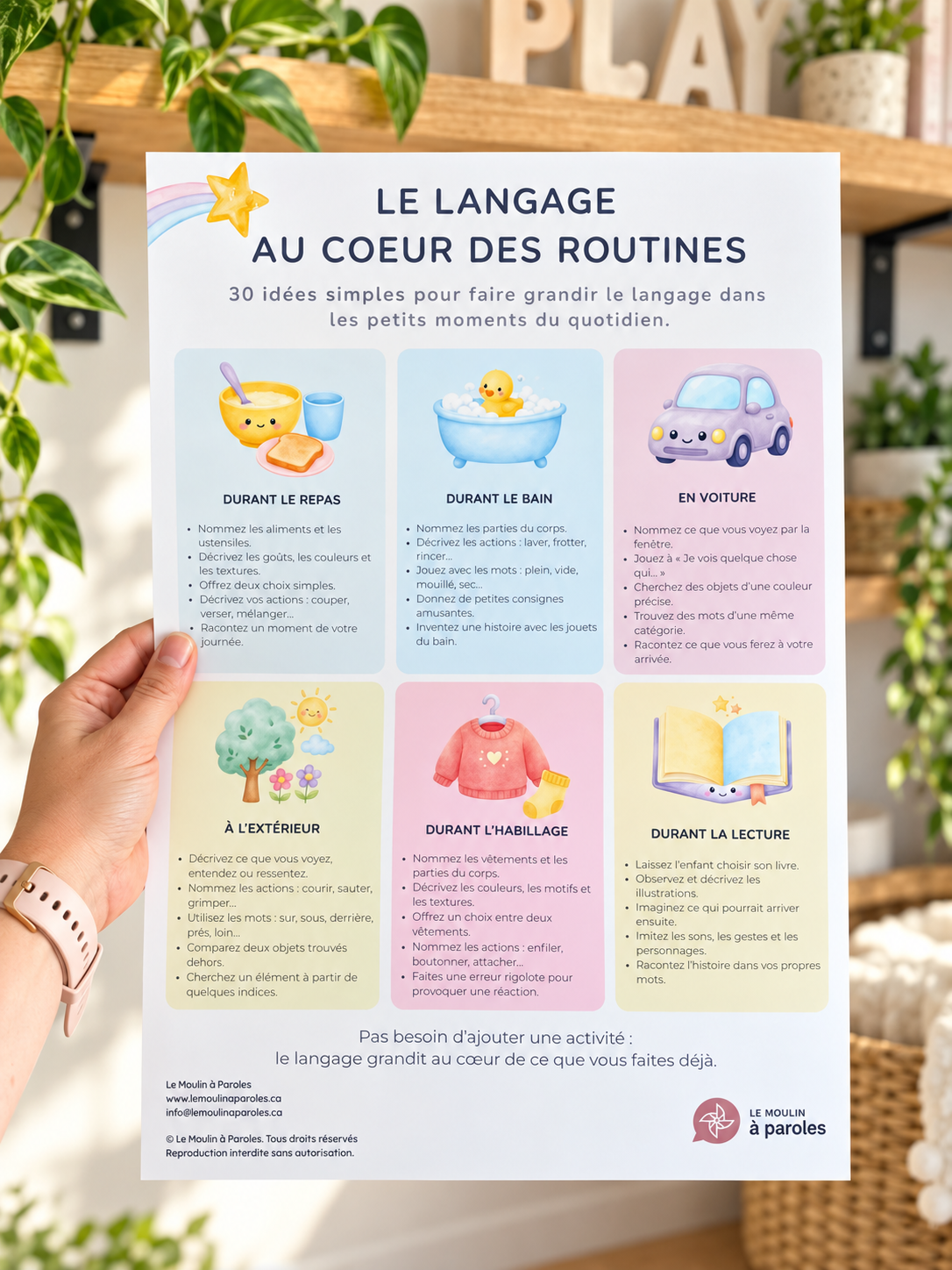 Affiche Le langage au cœur des routines – 30 idées de stimulation du langage – 12 x 18 po