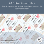 Affiche éducative colorée « Émotion vs Comportement » par Kelly Dupont, éducatrice spécialisée, montrant la différence entre ce que l’enfant ressent et ce qu’il fait.