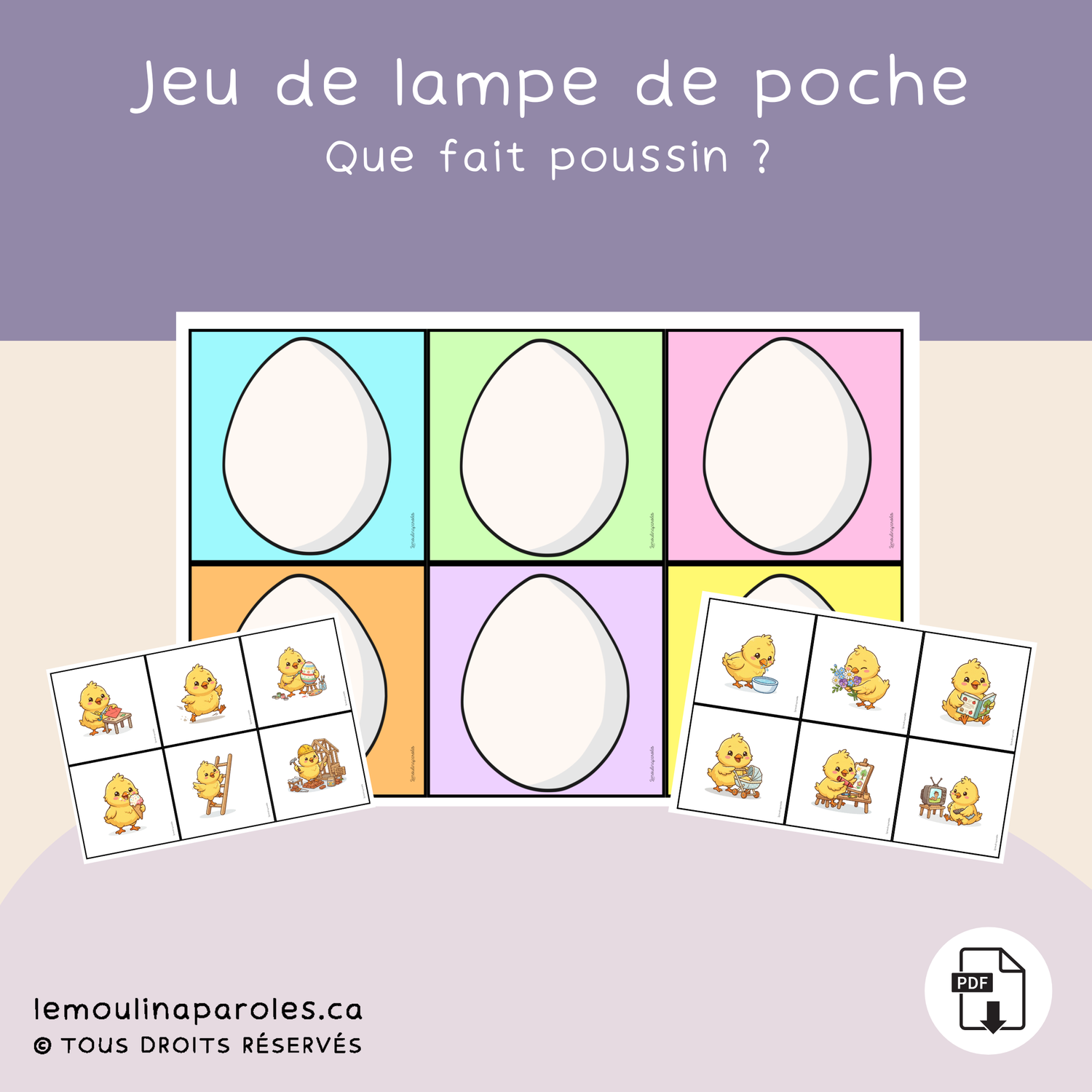 Jeu de lampe de poche - Phrases complètes - Que fait le poussin ?
