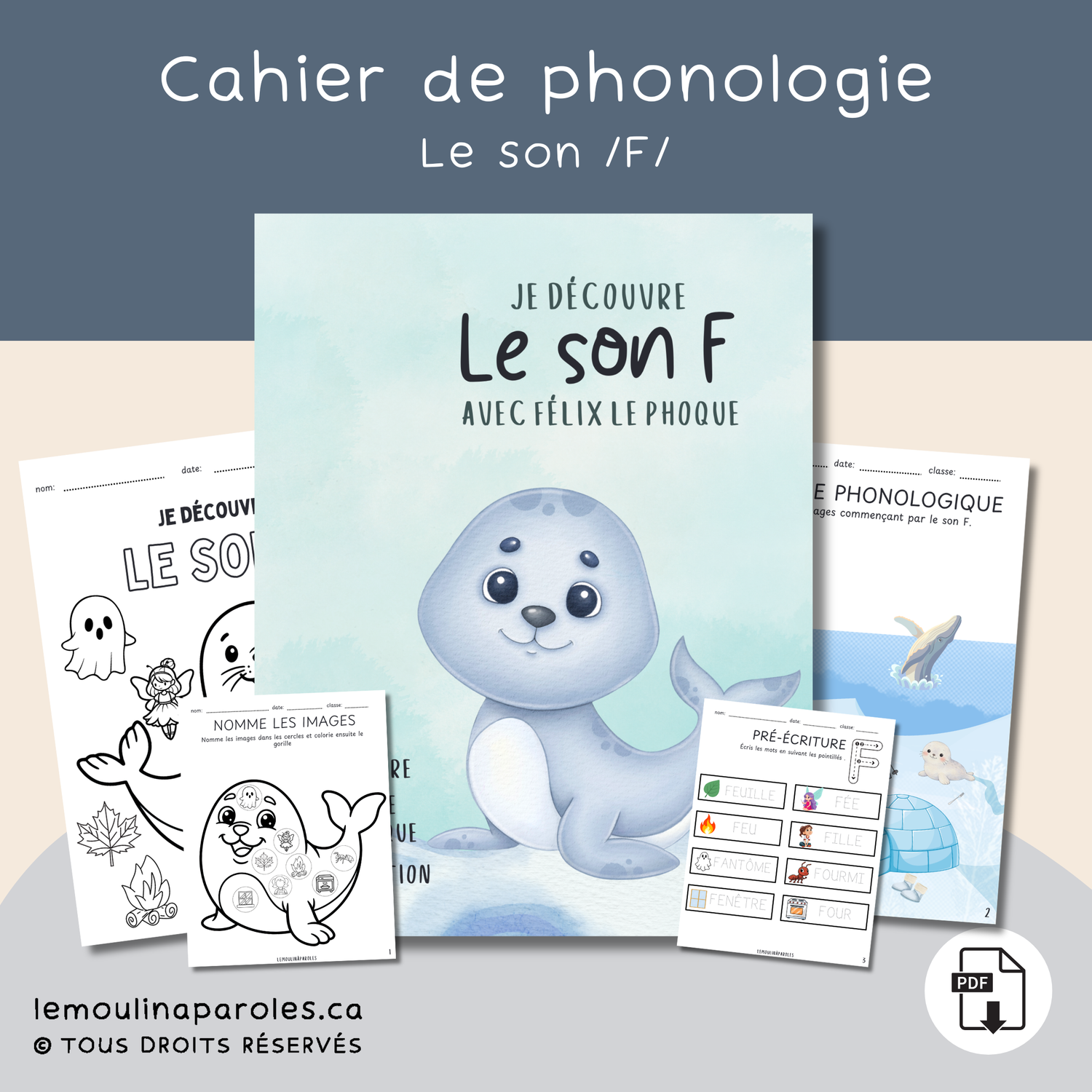 Cahier son F enfant Félix le phoque couverture
Activité conscience phonologique son F enfant images à identifier
Exercice pré-écriture lettre F mots à tracer enfant
Jeu association image mot son F éducatif
Activité tri mots son F enfant
Images à découper activité langage son F
Mots mêlés son F enfant activité éducative