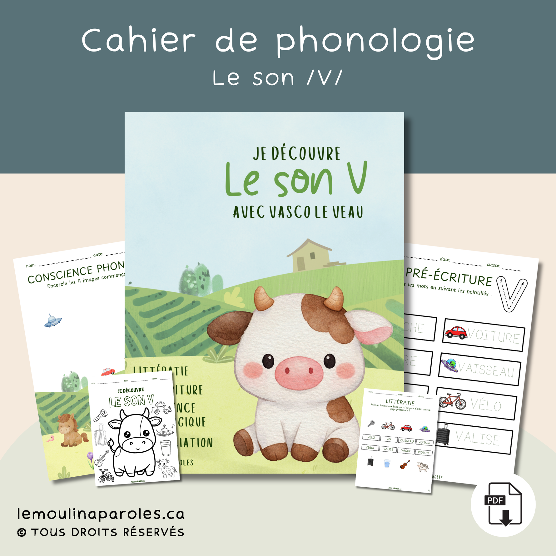 Cahier son V enfant Vasco le veau couverture
Activité conscience phonologique son V enfant images à identifier
Exercice pré-écriture lettre V mots à tracer enfant
Jeu association image mot son V éducatif
Activité tri mots son V enfant
Images à découper activité langage son V
Mots mêlés son V enfant activité éducative