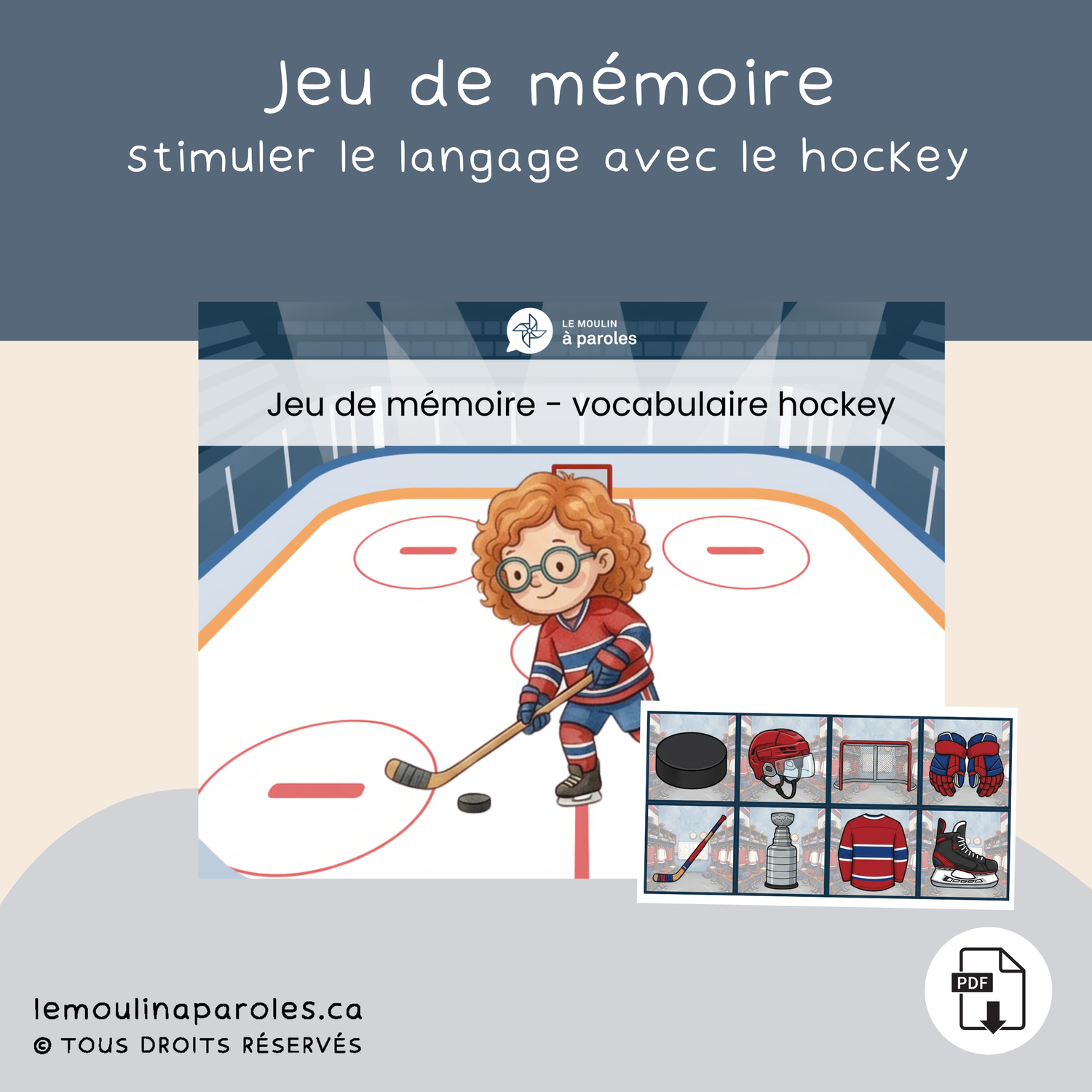 Jeu de mémoire hockey enfants vocabulaire cartes éducatives PDF imprimable 3 à 6 ans