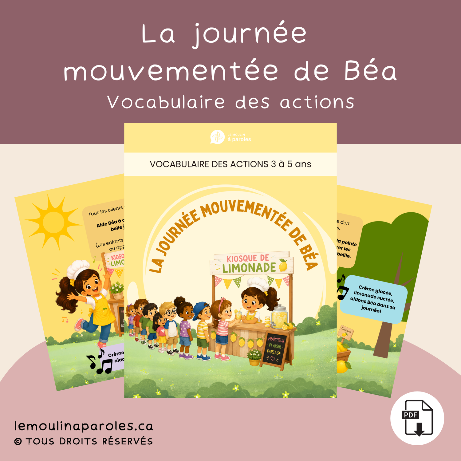 La journée mouvementée de Béa – Jeu PDF imprimable sur le vocabulaire des actions et les consignes pour enfants de 3 à 5 ans, idéal en orthophonie, CPE et préscolaire.