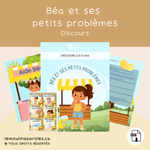 Béa et ses petits problèmes – Jeu PDF imprimable de discours et de résolution de problèmes pour enfants de 3 à 5 ans, idéal en orthophonie, CPE et préscolaire.