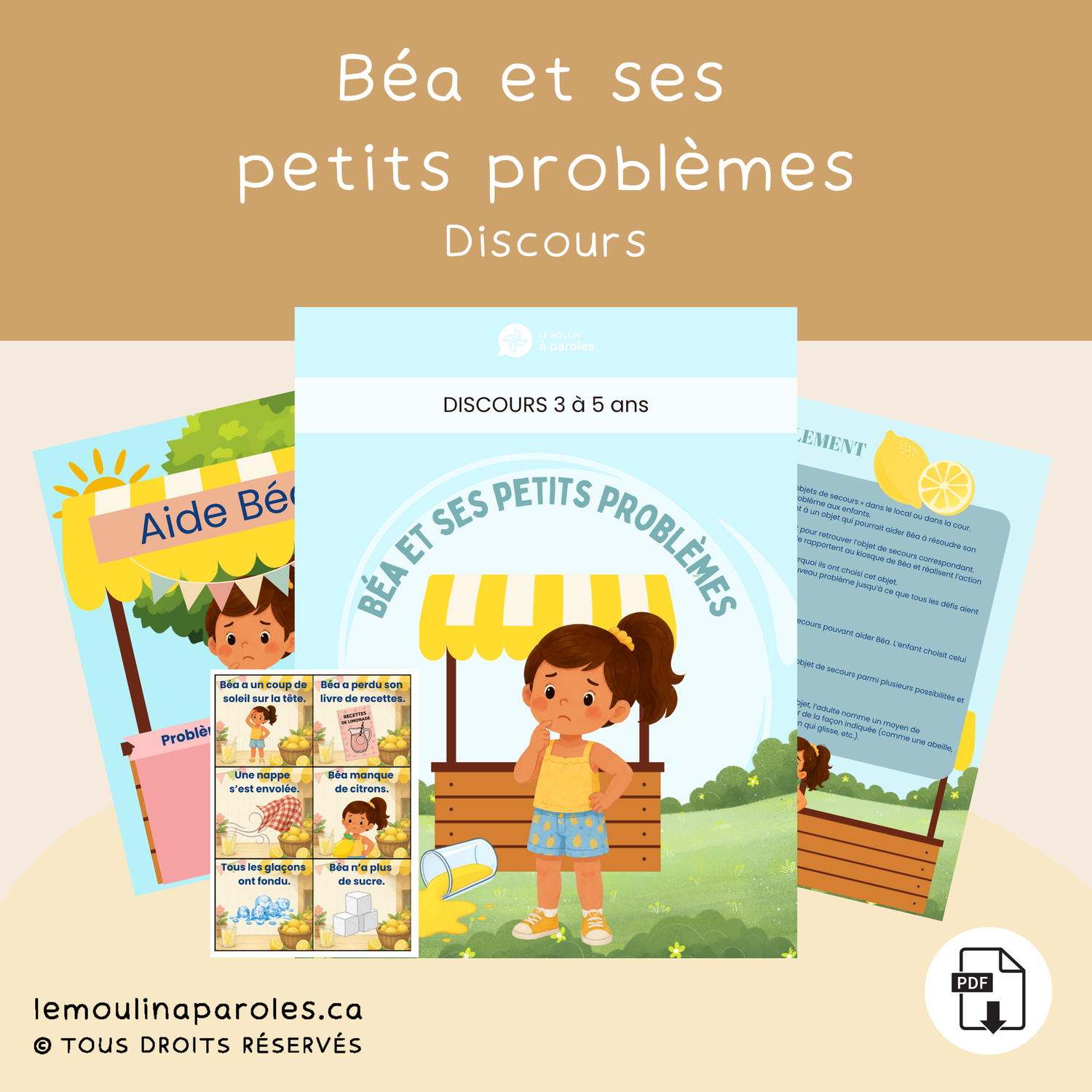 Béa et ses petits problèmes – Jeu PDF imprimable de discours et de résolution de problèmes pour enfants de 3 à 5 ans, idéal en orthophonie, CPE et préscolaire.