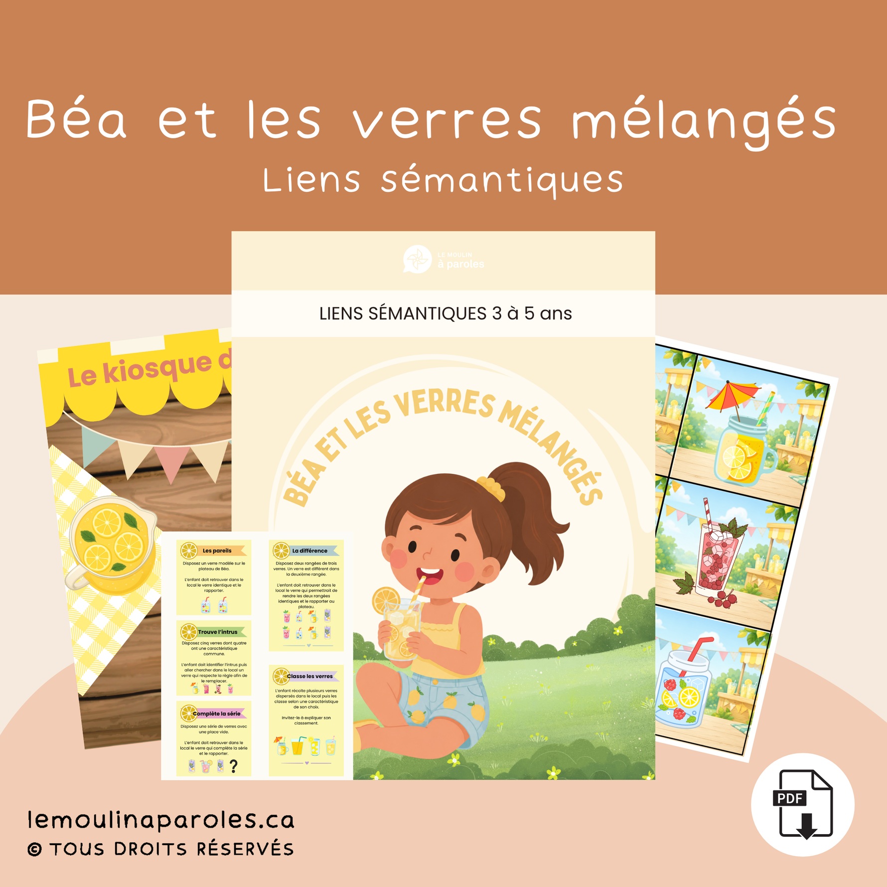 Jeu PDF clé en main pour travailler les liens sémantiques, la catégorisation, le vocabulaire et le raisonnement chez les enfants de 3 à 5 ans.