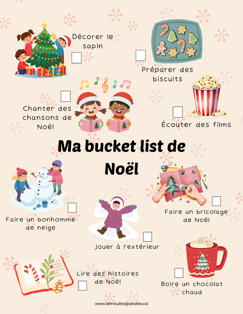 Affiche colorée de Bucket List de Noël avec des illustrations festives : chocolat chaud, bricolage, chants de Noël, biscuits, sapin décoré et espace pour cocher les activités.