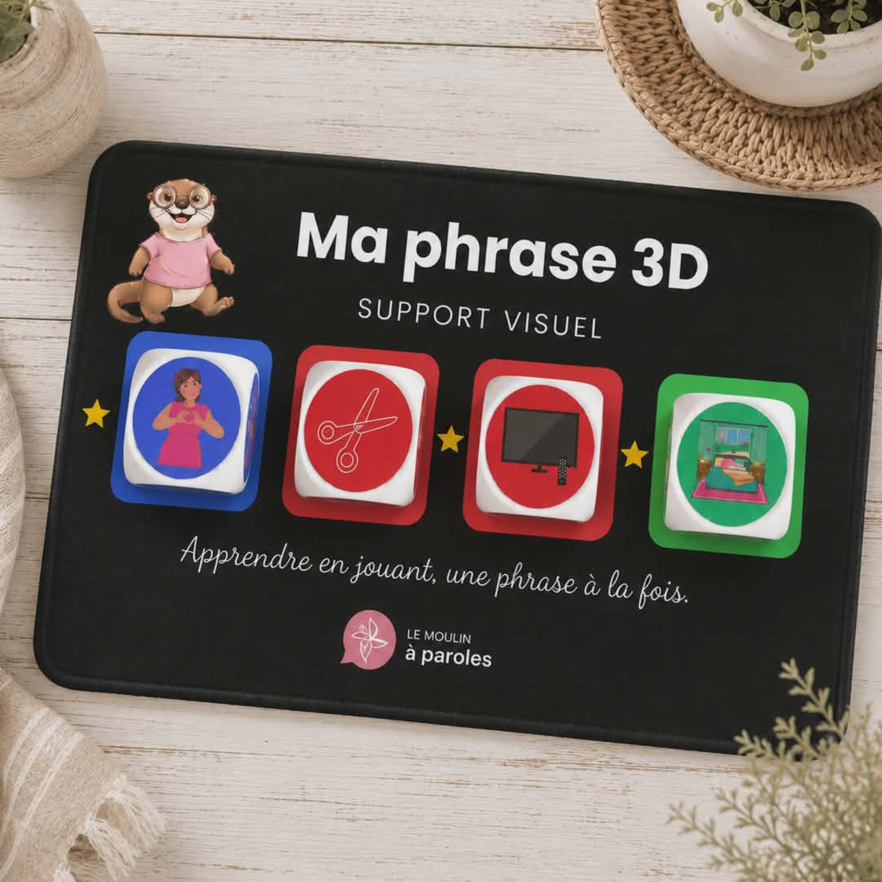 Ensemble de dés éducatifs Mes phrases farfelues avec support visuel La phrase 3D pour travailler la structure de phrase et le langage chez les enfants.