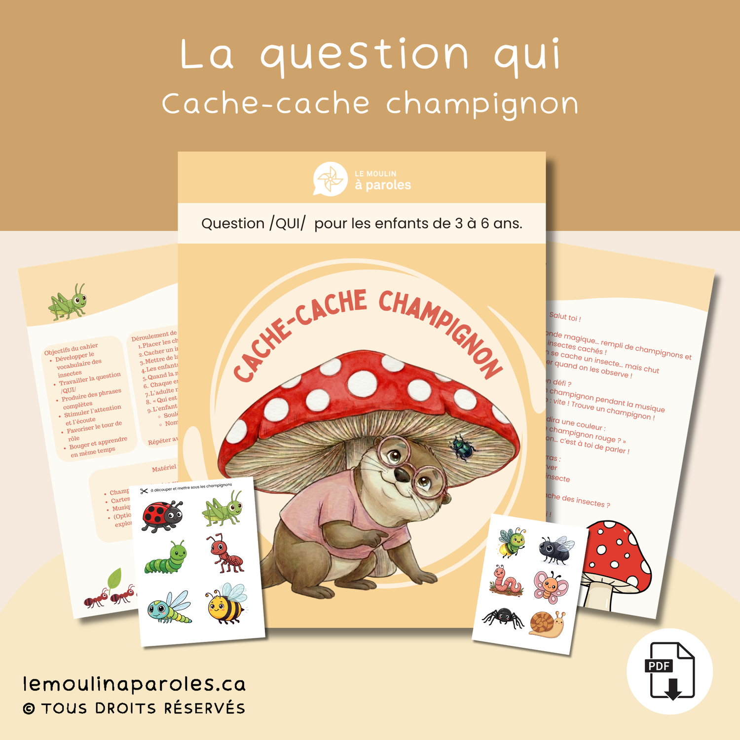 Jeu de langage cache-cache des insectes sous des champignons colorés pour enfants de 3 à 6 ans
Activité éducative imprimable pour travailler la question QUI avec des insectes cachés sous des champignons
Jeu de stimulation du langage en mouvement avec musique pour éducatrices et enfants
Cartes d’insectes à cacher sous des champignons pour activité de langage préscolaire
Jeu éducatif PDF prêt à imprimer pour développer le vocabulaire des insectes