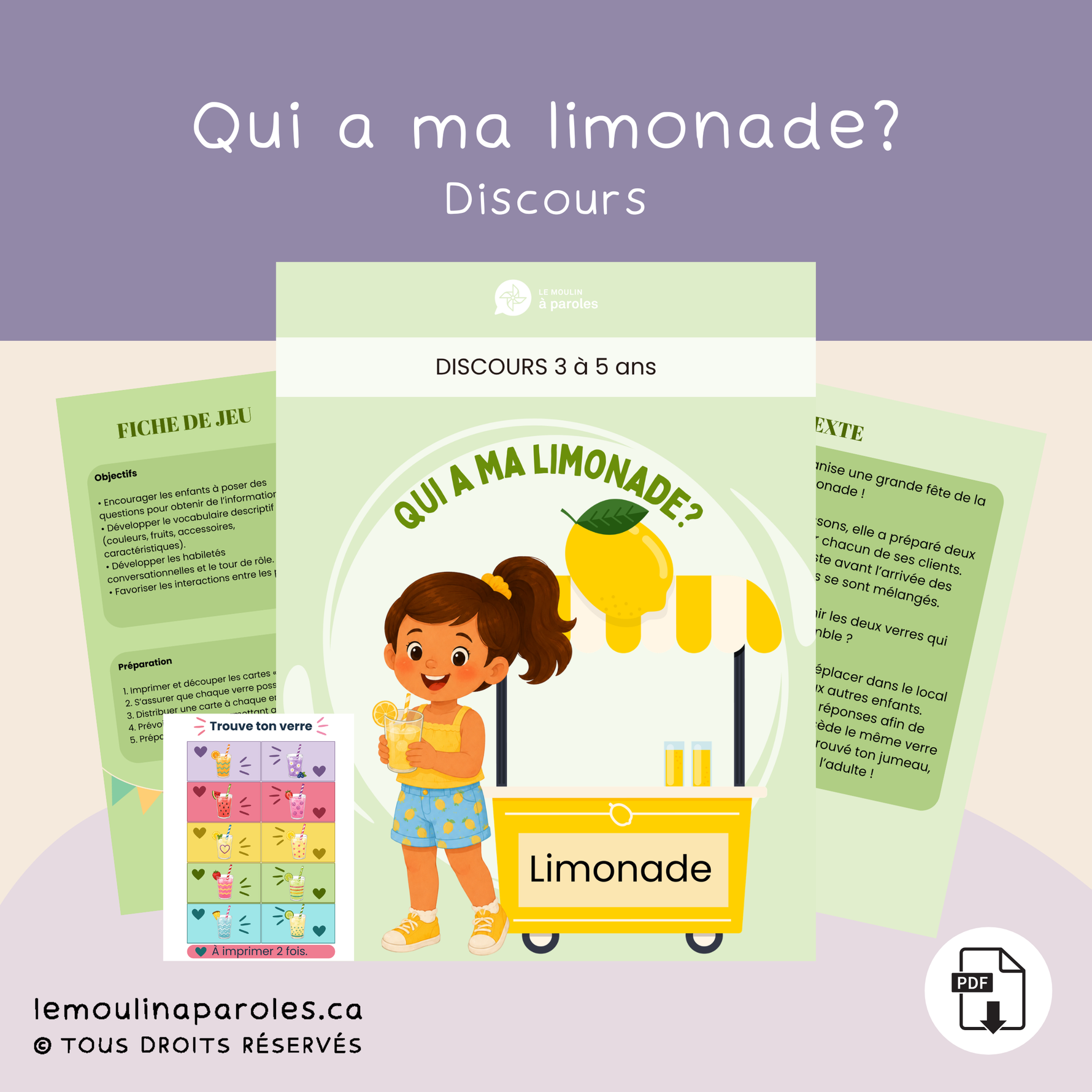 Qui a ma limonade ? – Jeu PDF imprimable de discours et d'habiletés conversationnelles pour enfants de 3 à 5 ans, idéal en orthophonie, CPE et préscolaire.