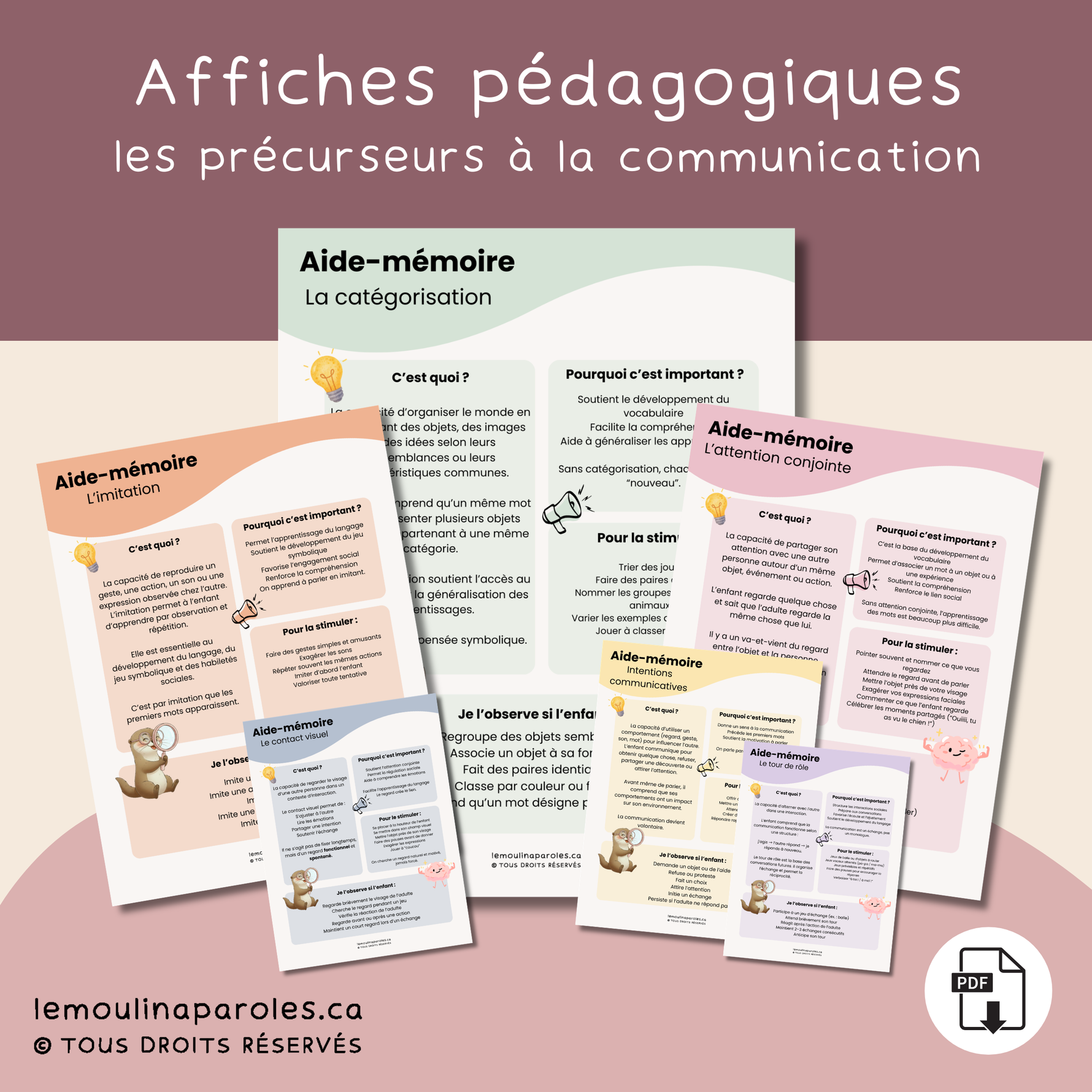 Affiches professionnelles sur le développement du langage : contact visuel, attention conjointe, imitation, tour de rôle et plus. PDF imprimable.